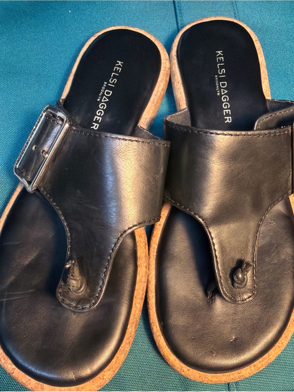 Kelsi Dagger Black Leather Cork Trim Thong Sandals